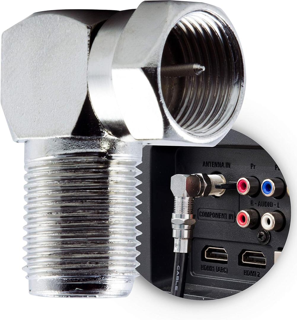 GE Right-Angle F-Type Connector Adapter for RG59 RG6 F-Type Coaxial Cables, 90-Degree Male-to-Female Connector, Screw-On Installation, No Tools Required 34483