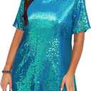 Ophestin Women's Sparkly Sequin T Shirt Dress Short Sleeve Crewneck Tie Backless Glitter Party Club Dresses (X-Large, Green)