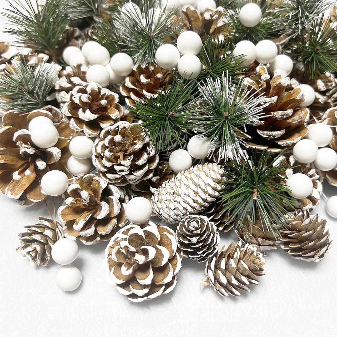 Christmas Pine Cones Berry Pine Branch Set 175PCS White Christmas Winter Wedding Decorations Ornament for DIY Crafts Home Wreath Decorations Xmas Tree Gift Tag Snow Party Supplies