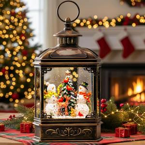 Christmas Snow Globes Lantern Christmas Snow Globe with Music Snowman and Christmas Tree,6H Timer,USB Lined/Battery Operated Lighted Lantern for Christmas Festival Decoration Gifts (10.3" Snowman & Xmas Tree)