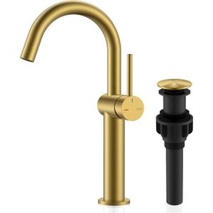 KENES Brushed Gold Tall Bathroom Faucet, Single Handle Vessel Sink Faucet Single Hole, Modern Bathroom Vanity Faucet with Pop Up Drain and Supply Lines, KE-9005C-4