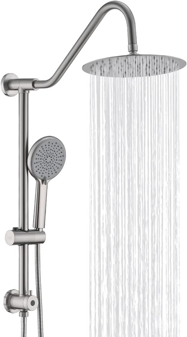 10 Inch Rain Shower Head with Handheld System, 24" Drill-free Slider Bar with Low 3-Way Diverter for Easy Reach, 4 Setting Handheld Spray with 5Ft Stainless Steel Hose - Brushed Nickel