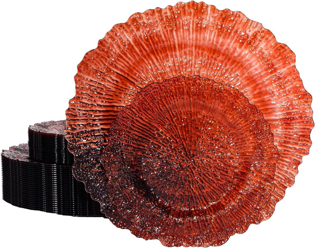 U-QE 60PCS Amber Plastic Plates - Clear Brown Plastic Plates Disposable Heavy Duty - Disposable Plates for Party Including 30PCS 10'' Dinner & 30PCS 7'' Dessert