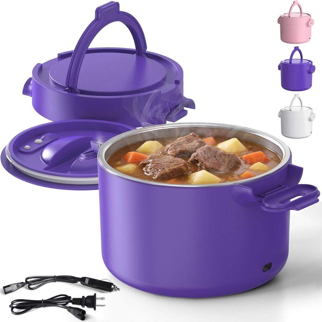 33oz Electric Lunch Box, 100W Portable Food Warmer Heater, 12V/24V/110V 3-in-1 Lunch Warmer Portable for Work/Office/Car/Travel, Warming Soup & Meal, Spill-Free, Men & Women's Gifts (Purple)