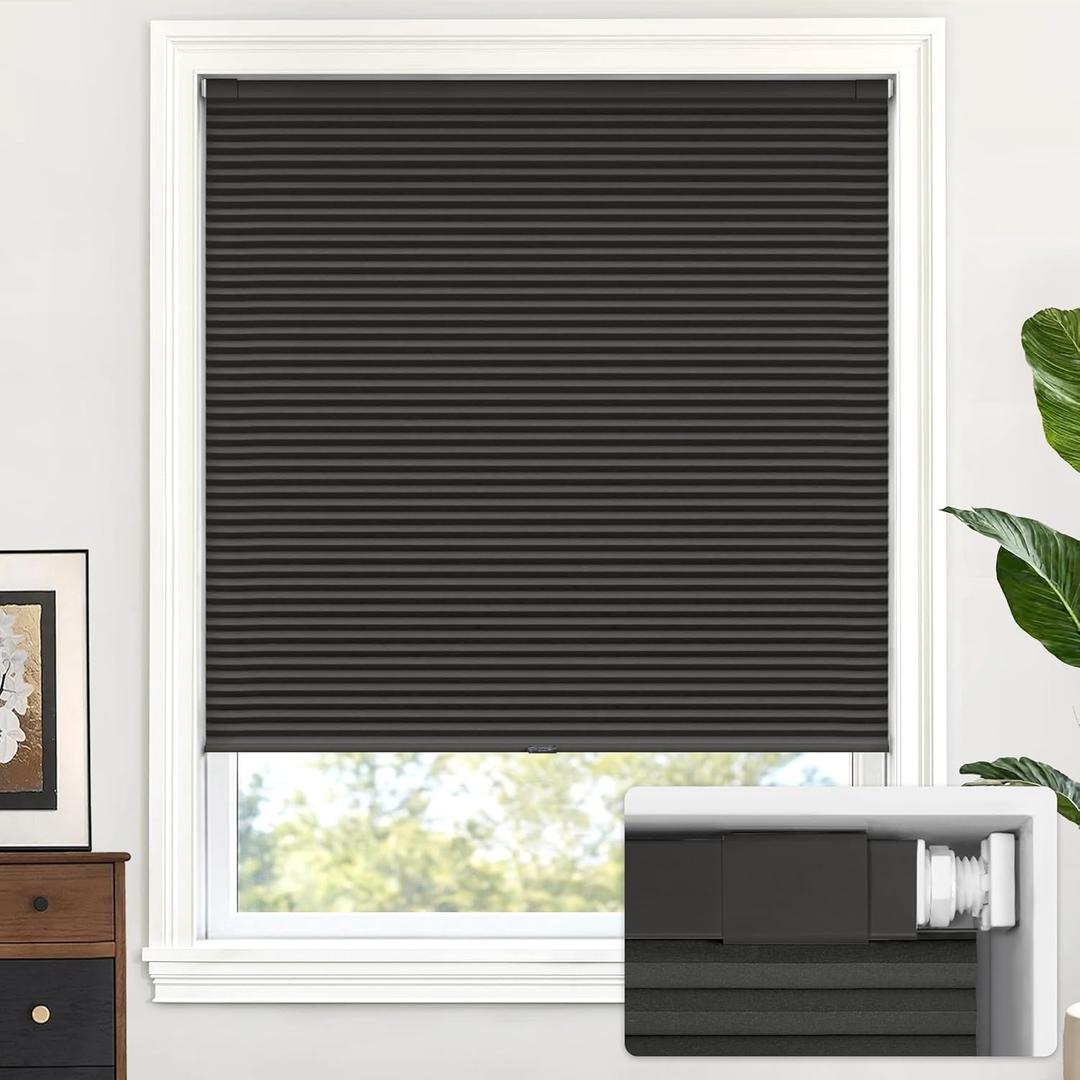 LazBlinds Cordless Cellular Shades, No Tools No Drill Blackout Honeycomb Shades Pleated Blinds for Windows, 23'' W x 48'' H, Midnight Black