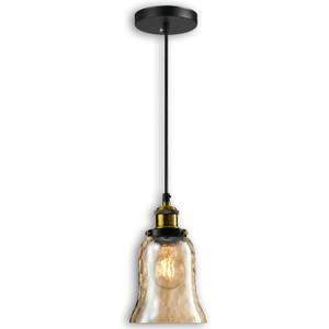 Modern Glass Pendant Light, 5.5"x6.3" Amber Ribbed Globe Light Fixture with Gold Cap, 15"-72" Adjustable Cord, E26 Socket for Dining or Lounge Areas Sunrise Glow Trumpet