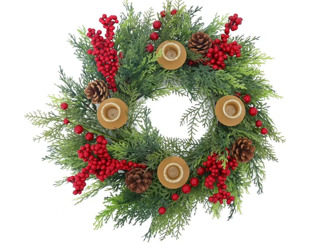 Seasons Christmas Candle Holder Wreath, 18 inch Advent Centerpiece Decor, Candle Wreath Decorations for Table Indoor Home & Church