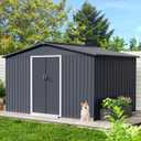 Acekool 10x12 FT Outdoor Metal Storage Shed, Large Garden Tool Shed with Lockable Door and Vents, Waterproof Galvanized Metal Sheds for Tools & Equipment, Garbage Can, Bike, Mower, Gray