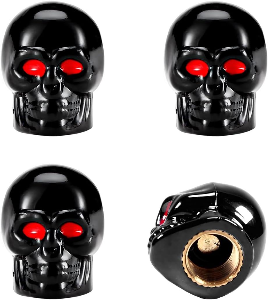 Yourkar 4 PCS Skull Style Valve Caps, Copper Red-Eyed Skull Tire Valve Protection Cover with Rubber Ring, Decorative Wheel Valve Cover for Car Motorcycle Bicycle, Car Accessories (Black)