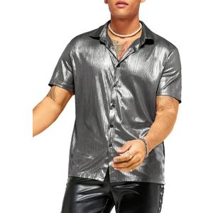 WDIRARA Men's Metallic Short Sleeve Stand Collar Shirt Button Front Lapel Neck Tops