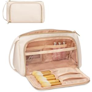 CUBETASTIC Makeup Bag, Cosmetic Bag for Women, Small Travel Make Up Storage Organizer with Makeup Brush Compartment, Portable & Waterproof (02_Beige Leather)