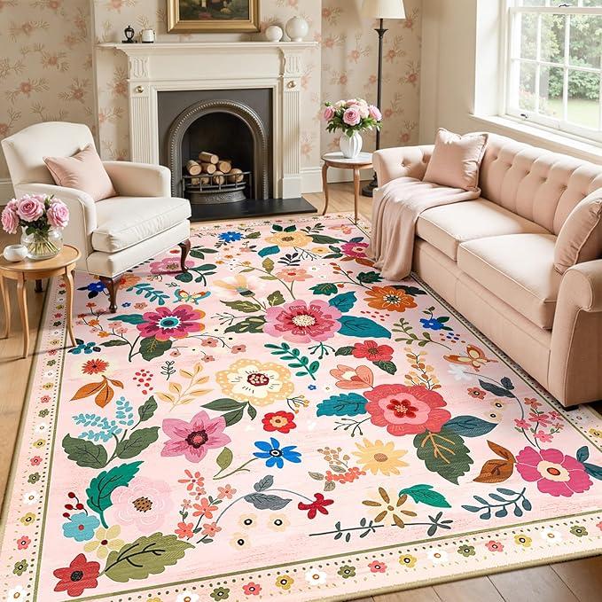 RELEANY Floral Nursery 6x9 Area Rugs Machine Washable Soft Print Boho Carpet Non Slip Flower Doormat Low Pile for Living Room Kids Girls Room Bedroom Kitchen Dining Room IndoorPink