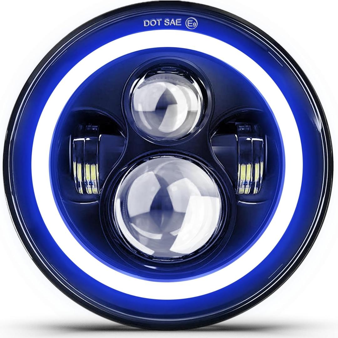 DOT 7 Inch LED Headlight Motorcycle Blue Halo High/Low Beam, Motorcycle LED Headlight Projector Angel Eyes Light JK LJ CJ Headlamp Replacement, 1PC (Yellow&Blue Halo)