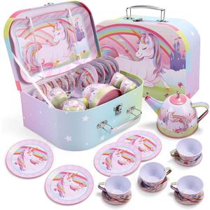 JOYIN Unicorn Tea Party Set for Little Girls, Pretend Pink Tin Teapot Set, Princess Tea Time Play Kitchen Toy with Teapot, Cup, Plate, Carrying Case for Kids Toddlers Age 3 4 5 6
