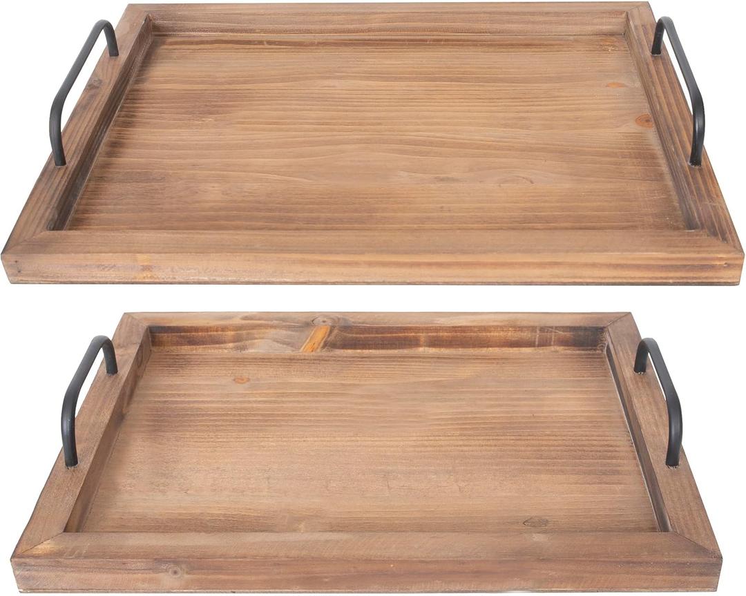 Besti Rustic Vintage Food Serving Trays (Set of 2) | Nesting Wooden Board with Metal Handles | Stylish Farmhouse Decor Serving Platters | Large: 15 x2 x11 - Small: 13 x2 x9 inches (Rustic Burnt)
