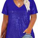 CARCOS Plus Size Sequin Top for Women Short Sleeve Party Blouse Evening Sparkle Shimmer V Neck Glitter Shirt Ladies XL-5XL, 2XL, blue