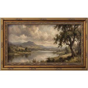 Vintage Gold Framed Landscape Wall Art Vintage Mountain And Lake Painting Canvas Prints Landscape Wall Decor Rural Mountain Painting Style Poster Print Artwork for Living Room Bedroom Home Decoration, 24"L x 12"W