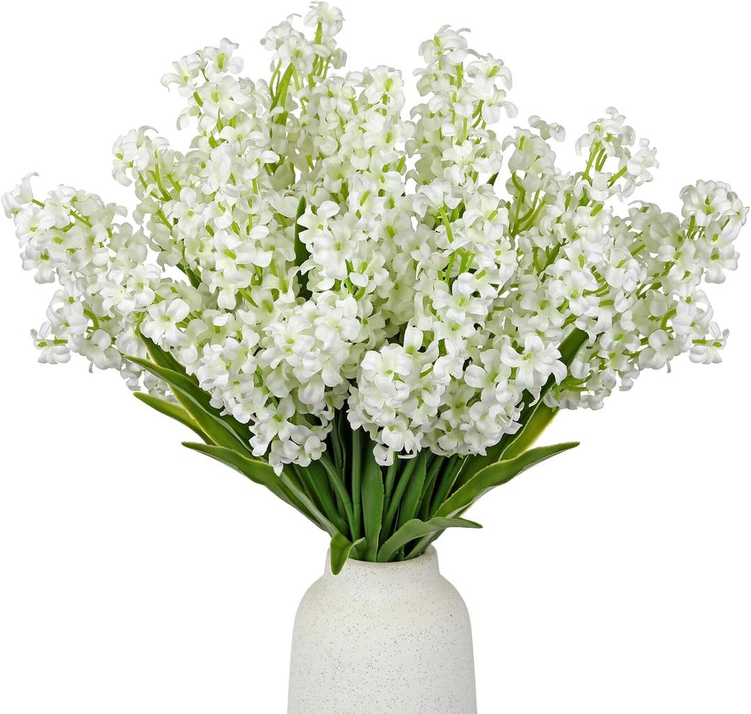 5Pcs Small Artificial Flowers, White Silk Lilac Flowers with Stems Faux Hyacinth Flower for Centerpiece Spring Floral Stems for Vases Fillers Farmhouse Fake Wildflowers for Home Kitchen Wedding Decor