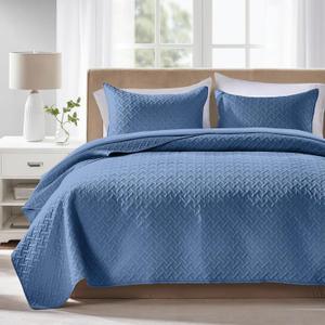 FLYMME Bluish Grey Full/Queen Quilt Bedspreads, Modern Style Geometric Weave Stripe Pattern,3 Pieces Lightweight Bedding Sets, Microfiber Quilted Comforter Coverlet for All Season (1 Quilt, 2 Shams)