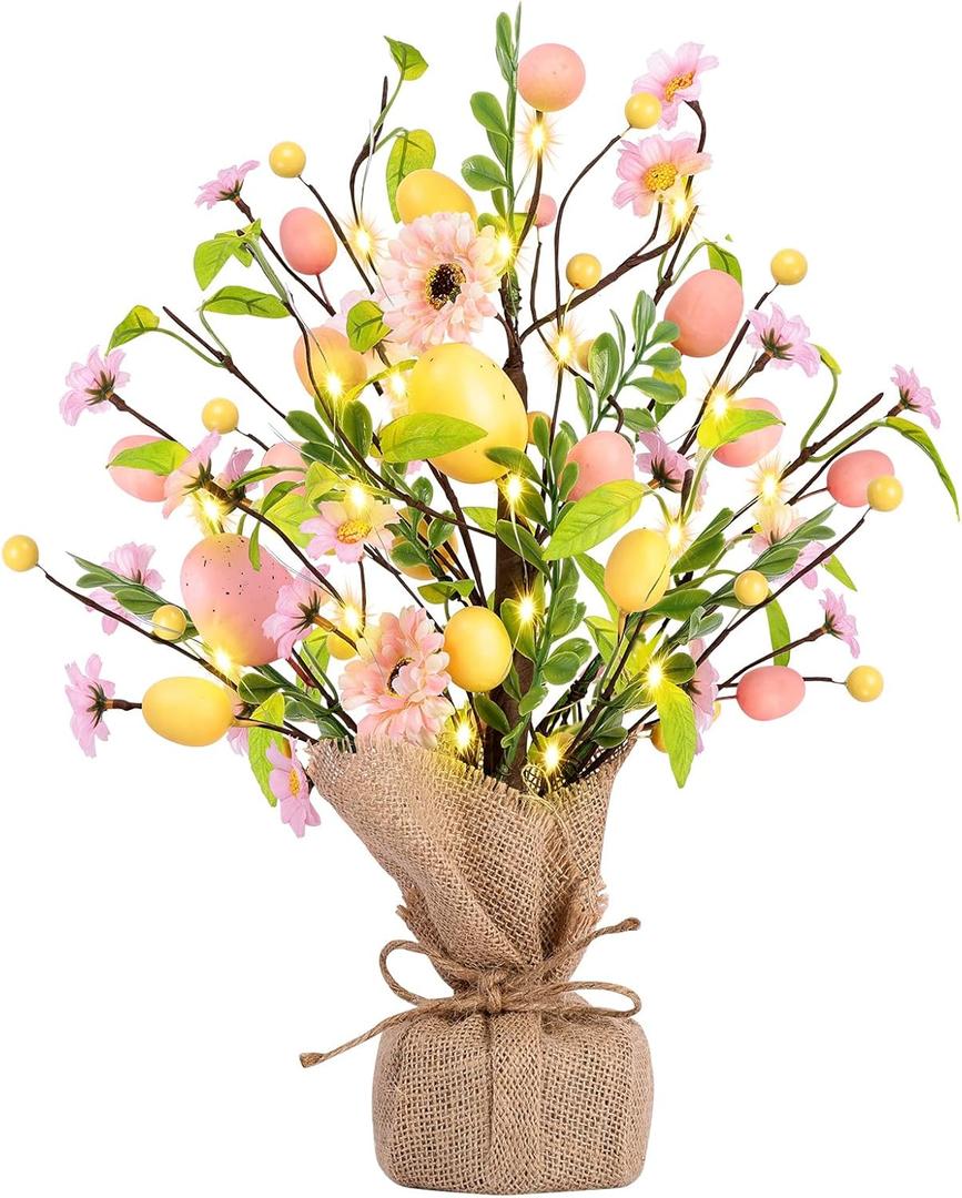 Easter Decorations, Pre-Lit Easter Egg Tree Tabletop Decor with Delicate Ornaments, for Home Easters Party Wedding Holiday Spring Summer Kitchen Dining Table Decor (Pink)
