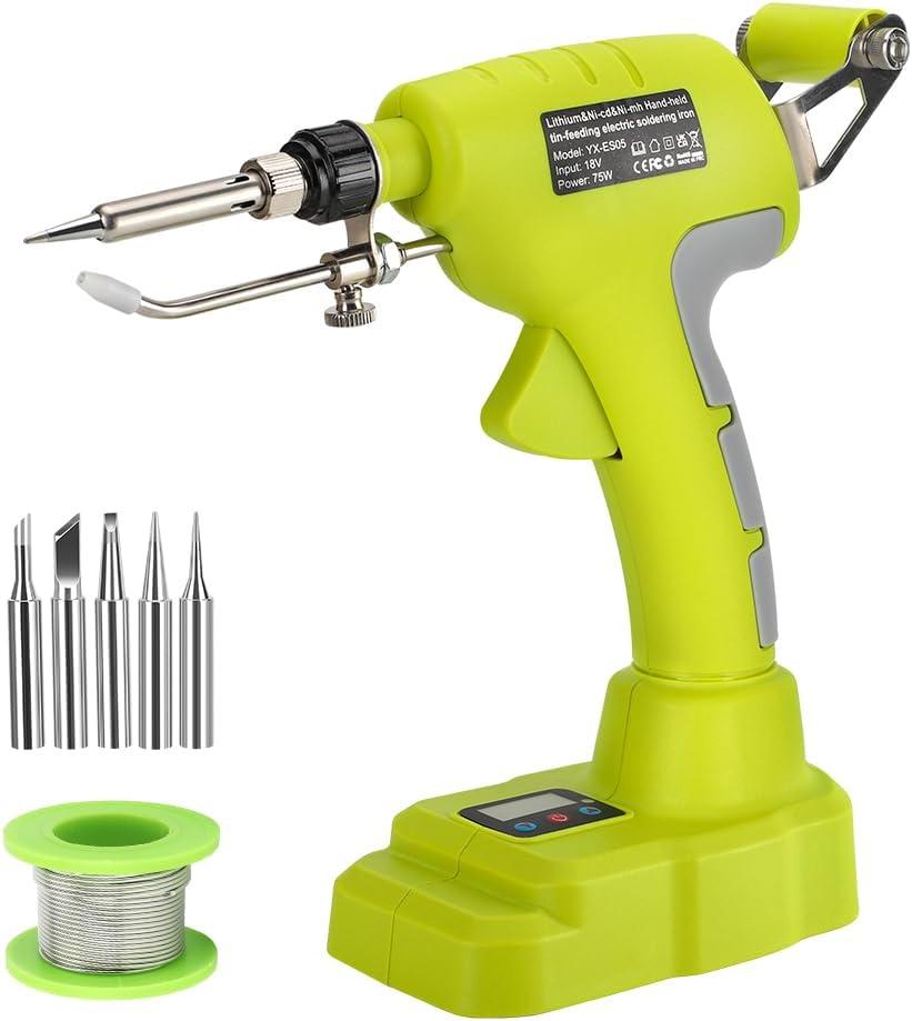 Choerinton Soldering Iron Compatible with Ryobi 18V Battery Soldering Iron Kit 75W Soldering Gun Automatic Feed Welding Iron with 0.04" Solder Wire,5pcs Solder Tips for Home DIY,Repairing Welding (Green for Ryobi)