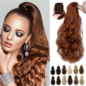 Ponytail Extension, 15 Inch Drawstring Ponytail, Copper Red Wavy Clip in Pony Tails Hair Extensions Natural Looking Synthetic Hairpiece for Women Daily Use party
