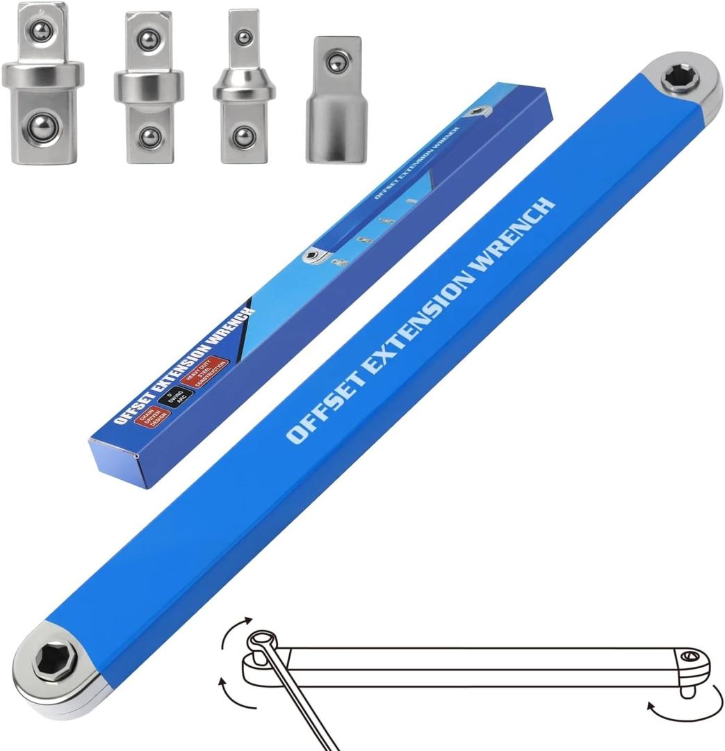 Offset Extension Wrench, Zero Degree Ratchet Extension Set Impact Ready Socket Wrench Extender Tool with 1/2", 1/4", 3/8" Drive Adapters and 1/4" Socket for Tight Place (Blue)