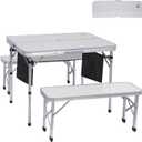 Nice C Folding Picnic Table, Portable Picnic Table, Folding Table with Bench, Outdoor Table and Chairs, Hole for Umbrella, Mesh net Storage, Backyard, Party, Outdoor, Lawn (White)