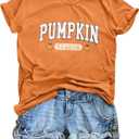 Pumpkin Shirts for Women Cute Thanksgiving Fall Tops Funny Halloween Graphic Tees Autumn Short Sleeve Outfit (Orange, XXL)
