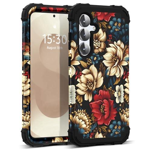 SleekCover for Galaxy S25 5G Case,3 in 1 Oil Painting Flower Pattern Heavy Duty Shockproof Protection Silicone Rubber Bumper+Hard Plastic Protective Cover for Samsung Galaxy S25,Black Flower