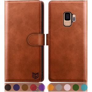 SUANPOT for Galaxy S9 Wallet Case - RFID Blocking Leather, Credit Card Holder, Flip Folio, Shockproof Cover, 5.8" - Light Brown