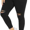 ALLABREVE Womens Plus Size Skinny Jeans Stretchy High Waisted Ankle Jean Ripped Slim Fit Washed Denim Distressed Tight Jean (3X-Large, Ripped Asymmetrical Hem Black)