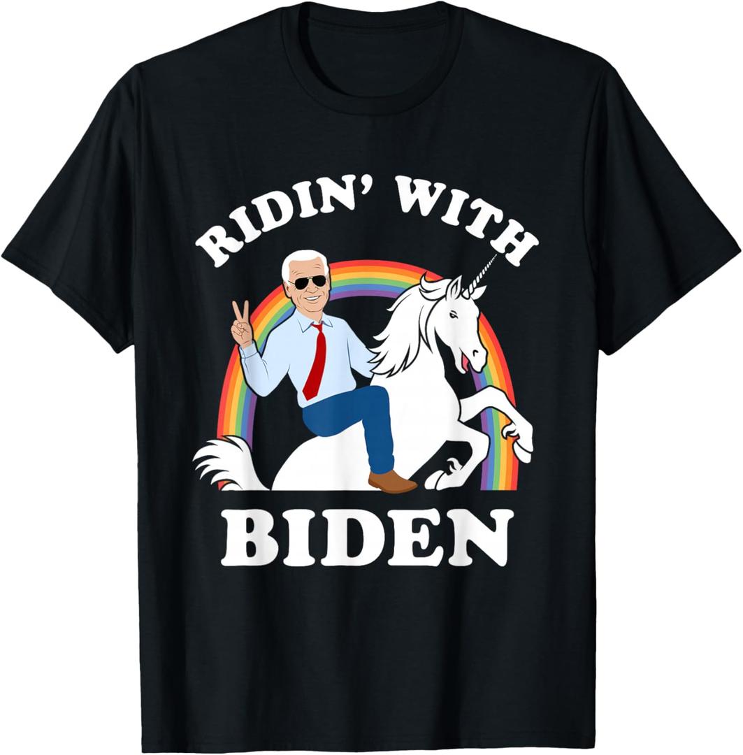 Unicorn Ridin' with Biden Funny Joe Biden T-Shirt, Large