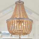 Q&S Farmhouse Wood Beaded Chandelier,Oak White 8-Lights Retro Vintage Antique Rustic Boho Pendant Light Fixture for Foyer Living Room Bedroom Kitchen Dining Room Office Nursery UL Listed