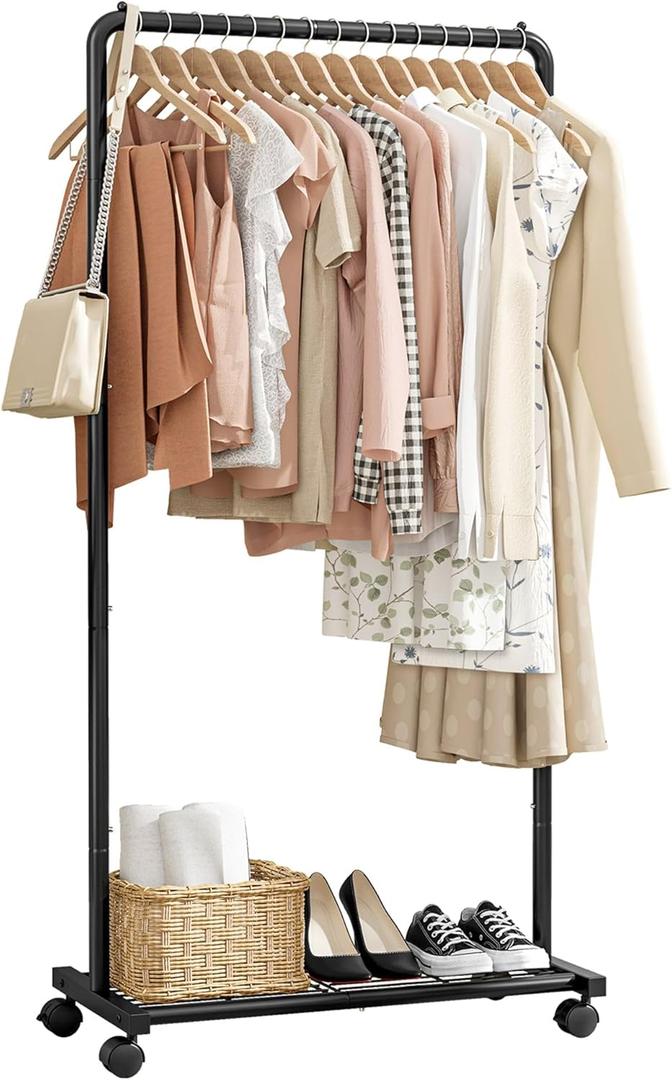 Clothes Rack - Clothing Rack with Storage Mesh Shelf & Casters, Heavy-Duty Metal Clothing Rack for Hanging Clothes, Dresses, Coats, Large Load Capacity, Easy Assembly, Black, 28.0"x16.9"x59.0"