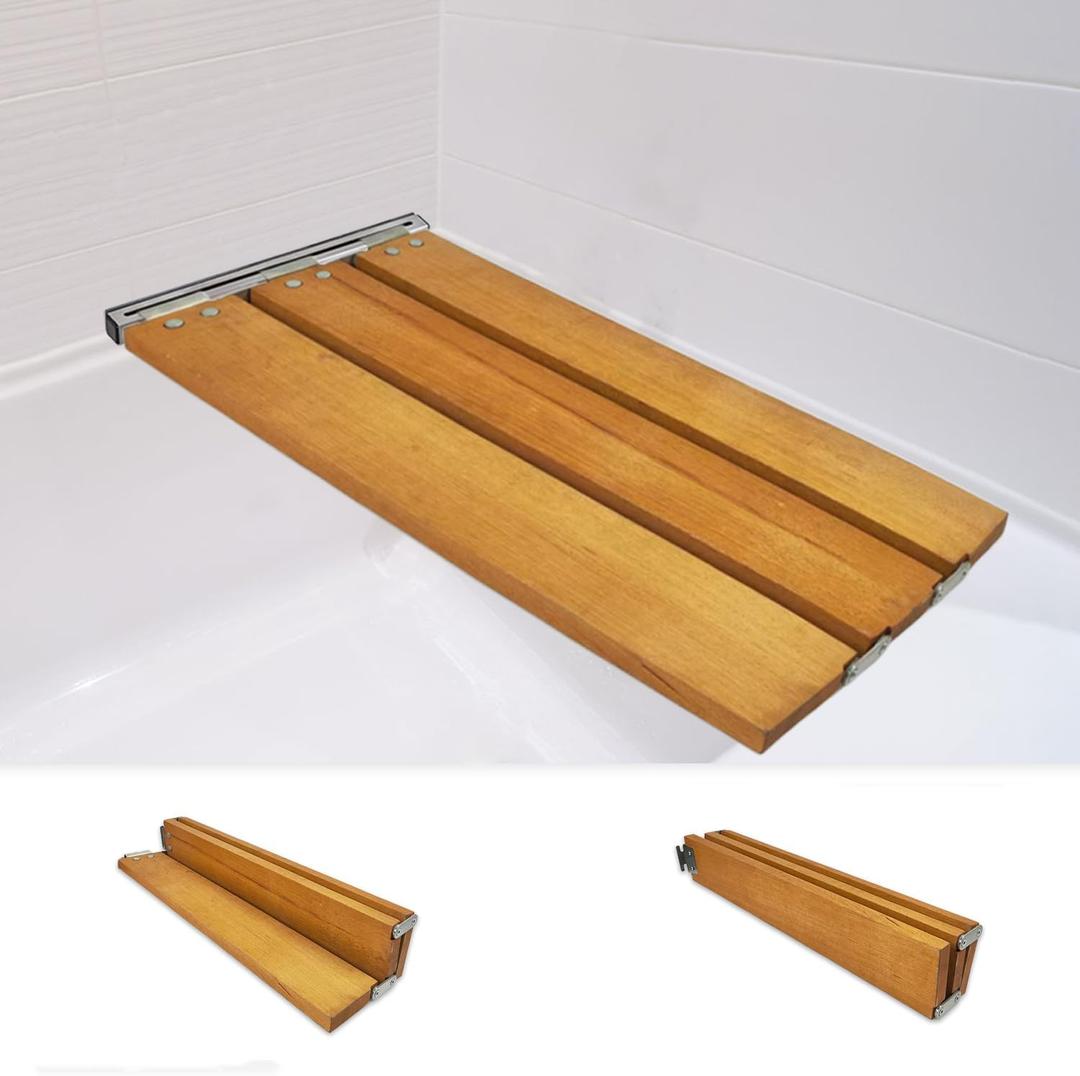 29" Tri-Fold Bathtub Shower Seat Bench - Wall Mounted Wooden Folding Bathtub Shower Bench with Waterproof Finish & Heavy-Duty Stainless Steel Bracket