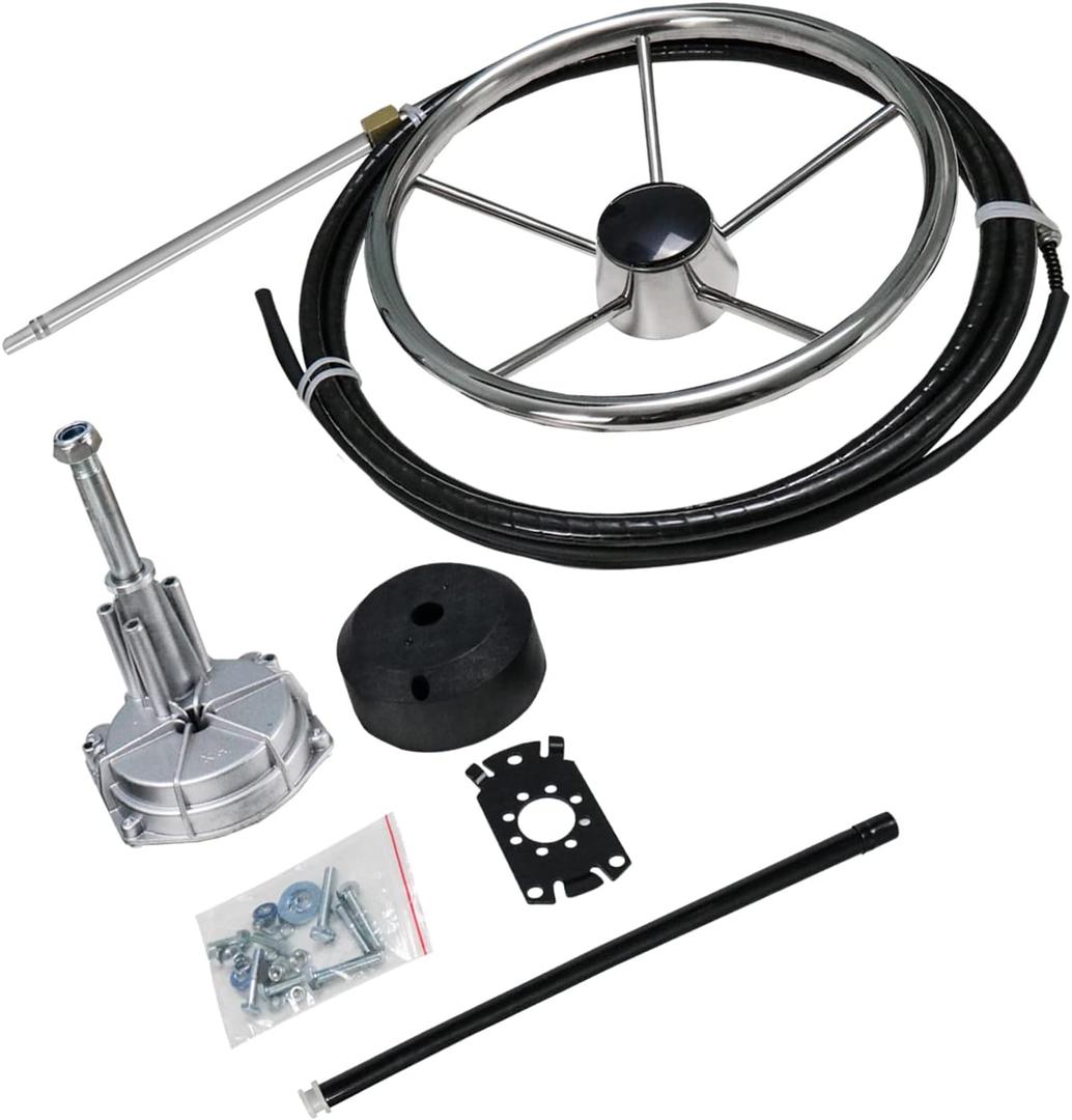 Boat Steering System, Outboard Rotary Steering Kit with 16ft Boat Steering Cable and 13.5-Inch Stainless Steering Wheel for Boat