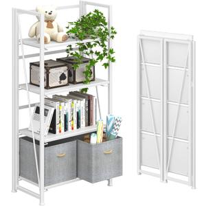 4NM No Assembly Folding Bookshelf Storage Shelves 4 Tiers Vintage Bookcase Standing Racks Study Organizer Home Office (All White)