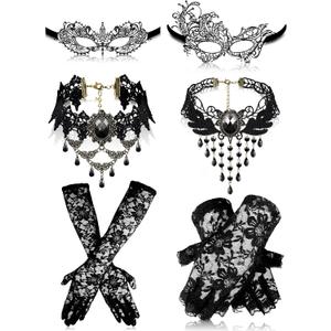 Newcotte 6 Pcs Masquerade Mask for Women Lace Mask Choker Necklace Glove for Valentine Party Couple Masquerade Ball 80s 90s