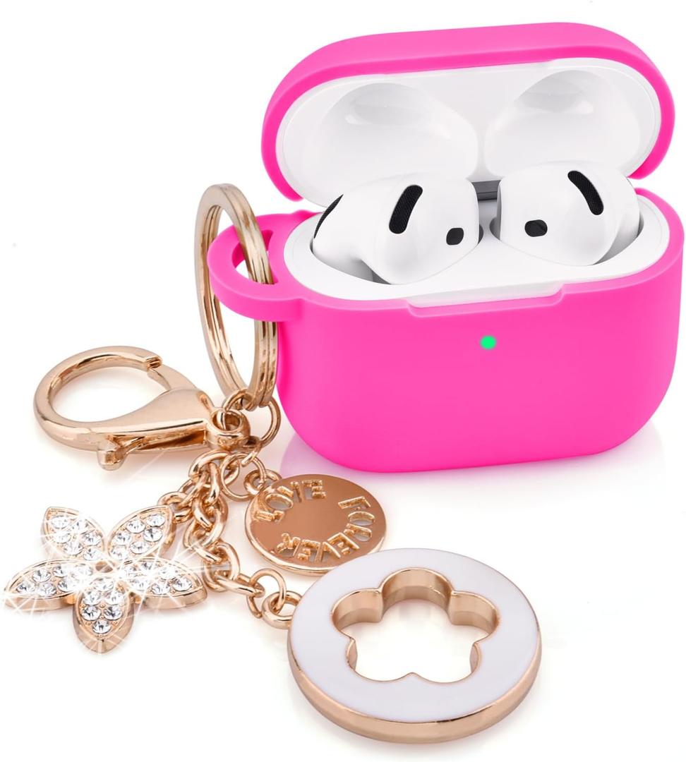 Case Compatible With Apple Airpods 4 - VISOOM Airpods 4 Cases 2024 Cover Women Anti-Drop Silicone iPods 4 Earbuds Wireless Accessorie Charging Cases Girl Bling Keychain for Airpod Ipods 4th Generation (S-Rose Pink)