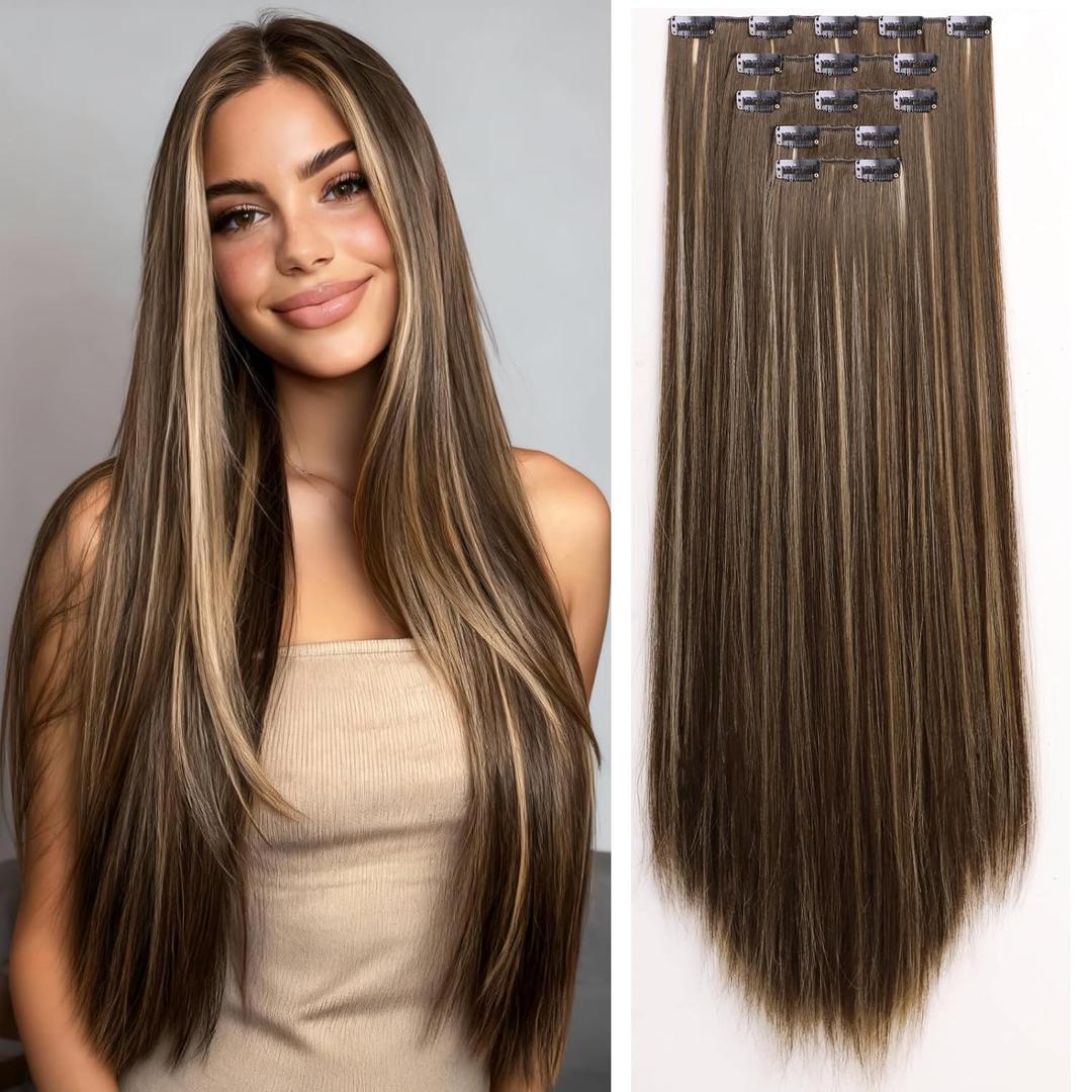 Clip in Hair Extensions Straight 26 Inch Long Synthetic Hairpieces for Women 5Pcs Medium Brown to Blonde Highlights Clip Ins Natural Soft Thick DIY Styling Fiber Hair Party Daily Use
