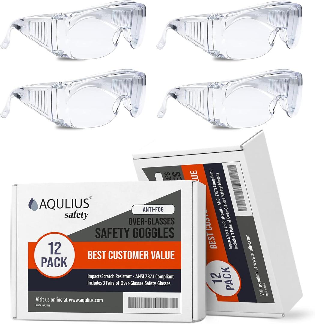 12 x Aqulius Over Glasses Safety Glasses & Safety Goggles - 12-Pack, Clear Polycarbonate - Anti-Fog & Scratch-Resistant Bulk Eye Protection for Sanding & Shooting - ANSI Z87+ Rated Side Shields