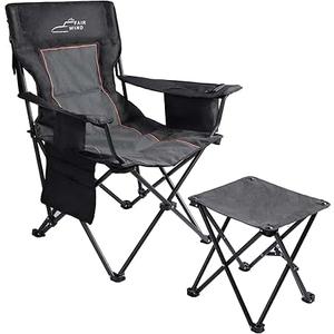 FAIR WIND Oversized Padded Camping Chair with Footrest Stool Set Heavy Duty Support 300 LBS Cooler Bag - Black, Single Pack