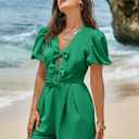 Cicy Bell Womens Cute Rompers Bow Front Puff Sleeve V Neck Short Jumpsuits Sexy Summer Outfits with Pockets (Green, S)
