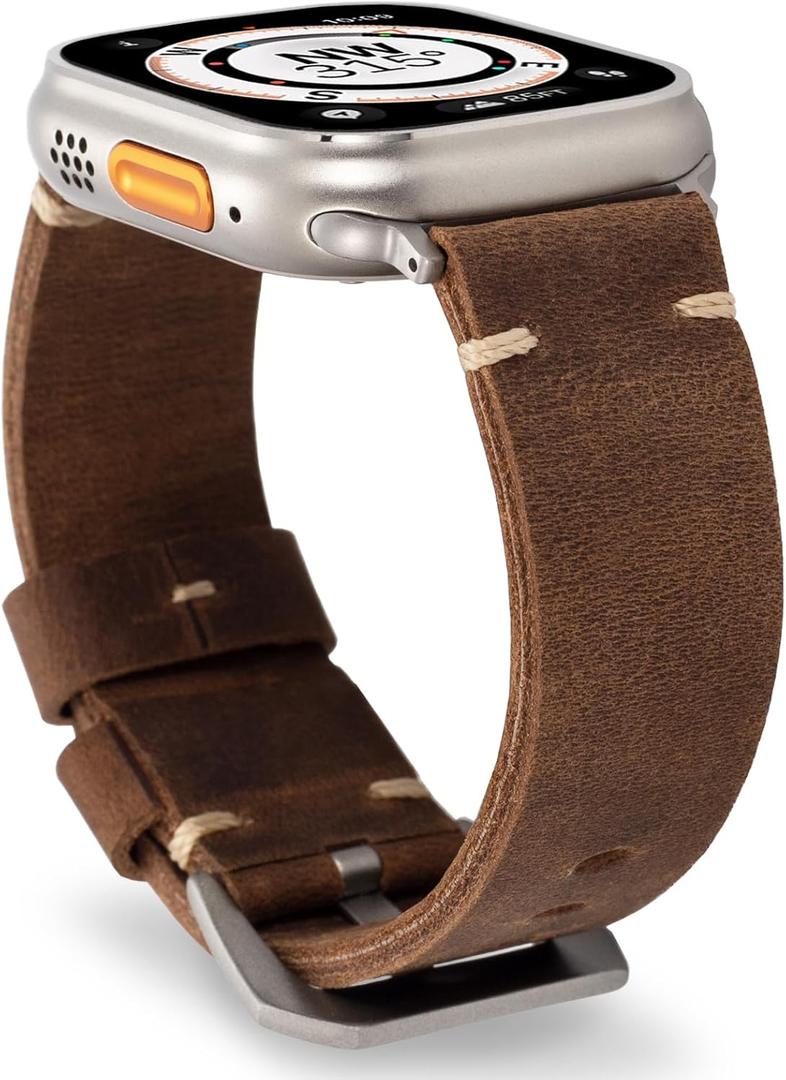 Handmade Double Sided Leather Bands Compatible with Apple Watch Ultra 3/2/1 Band 49mm 46mm 45mm 44mm 42mm 41mm,Men Retro Design Genuine Leather Band For iWatch Series SE 11 10 9 8 7 6 5 4 3 2 1 (Brown/Titanium)