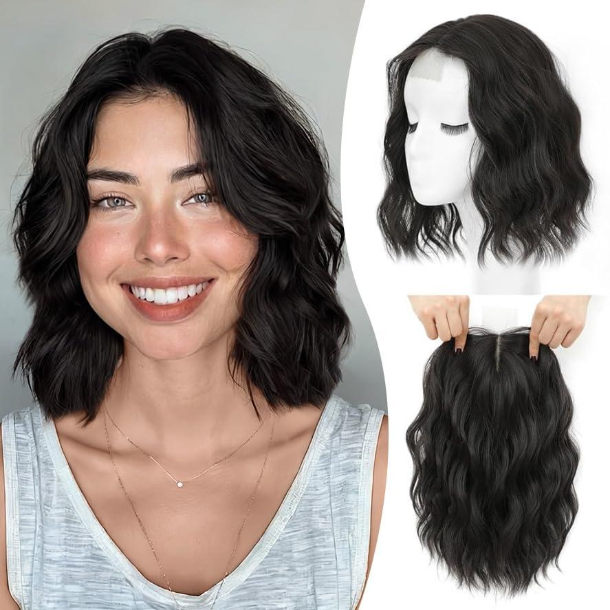 MORICHY Hair Toppers for Women With Thinning Hair 10 Inch, 360 3D Synthetic Lightweight & Breathable Short Wavy With 6.5"x6.5" Base, Quick Styling for Daily Wear (Black brown)