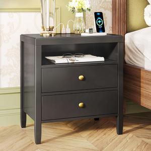 Huuger Nightstand with Charging Station, Black Nightstand with 2 Drawers, Bed Side Table for Bedroom, Bedside Table with Storage, Modern Nightstands, Metal Knobs, Painted Surface, 19.7 x 15.7 x 23.6 inches