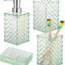 4 PCS Green Glass Bathroom Accessories Sets Countertop - Bathroom Counter Set, 3D Texture, Liquid Dispenser, Toothbrush Holder, Mouthwash Cup, Soap Dish