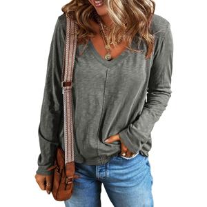 EVALESS Womens Tops Fashion V Neck Long Sleeve Shirts Casual Fall Outfits Basic T Shirts Blouses Top Women's Clothing (Grey), Small
