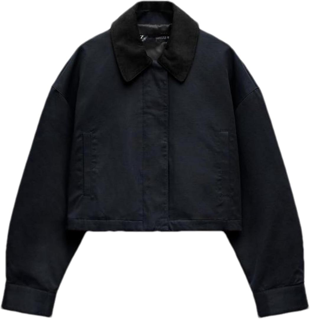 Women's Cropped Jacket Long Sleeve Zip Up Corduroy Collar Jackets Outwear with Pockets (Large, Navy Blue)